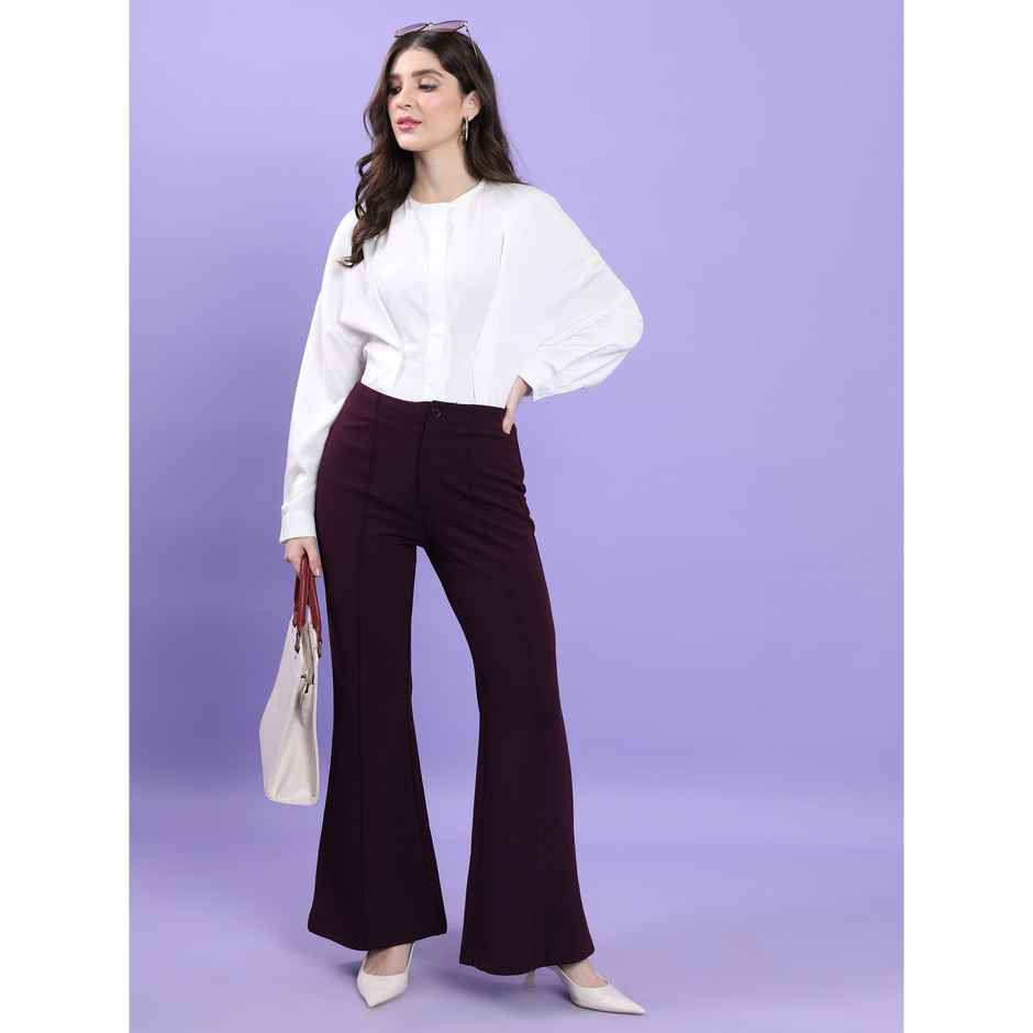 Tokyo Talkies Women's Flared High Rise Bootcut Trouser | Plum - 32
