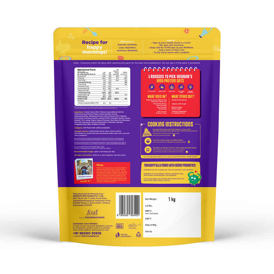 Yoga Bar High Protein Oats, No Added Sugar, Choco Almond or Dark Chocolate Whey Protein with Probiotics, High Fiber