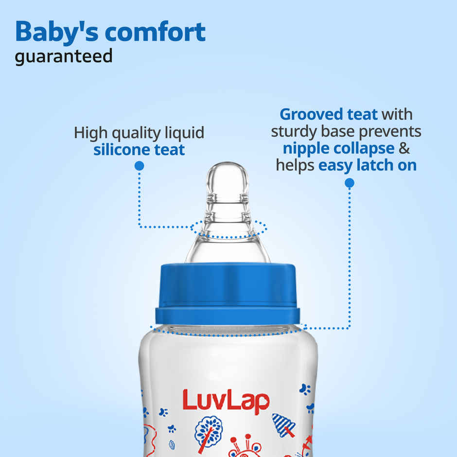 LuvLap Baby Essential Slim Neck Feeding Bottle | Jungle Tales with Anti Colic Nipple | Blue - 125 ml