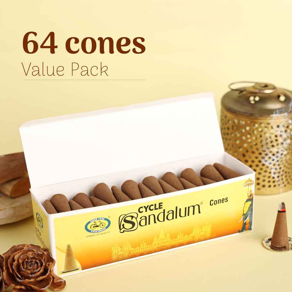Sandalum (Chandan) Charcoal-Free and Bambooless Incense Cones | 64 Cones, 1 Holder | Cycle