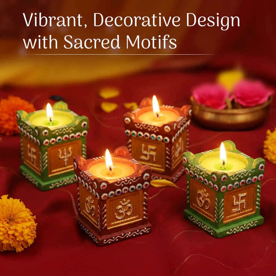 Tulsi Wax Diya | Decorative Diyas With Sticker Base | 8 x 8 cm | Multicolour | Cycle