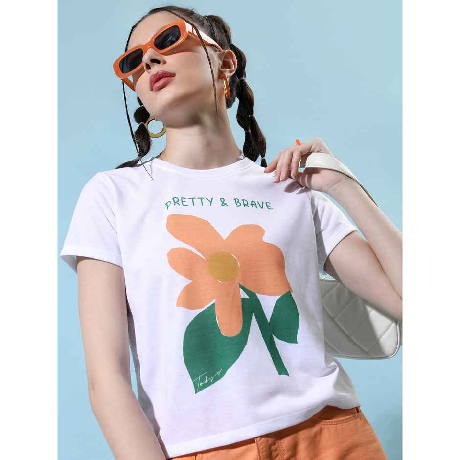 Tokyo Talkies Women's Floral Printed Round Neck T-Shirt | White - XL