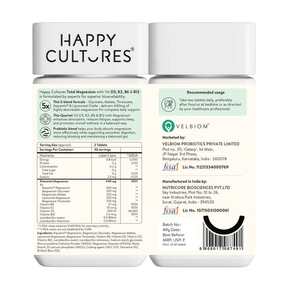 Happy Cultures 5X Magnesium -1400mg | Glycinate, Liposomal, Aquamin, D3, K2 | Sleep, Muscle, Heart | 60 Pcs