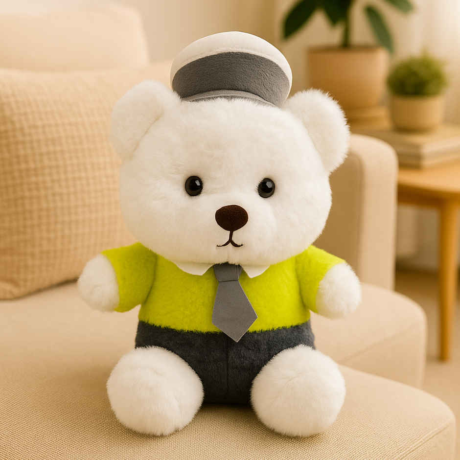 Spanker Teddy Soft Toy in Uniform | Cute Plush Bear for Kids Decor | White - 25 cm