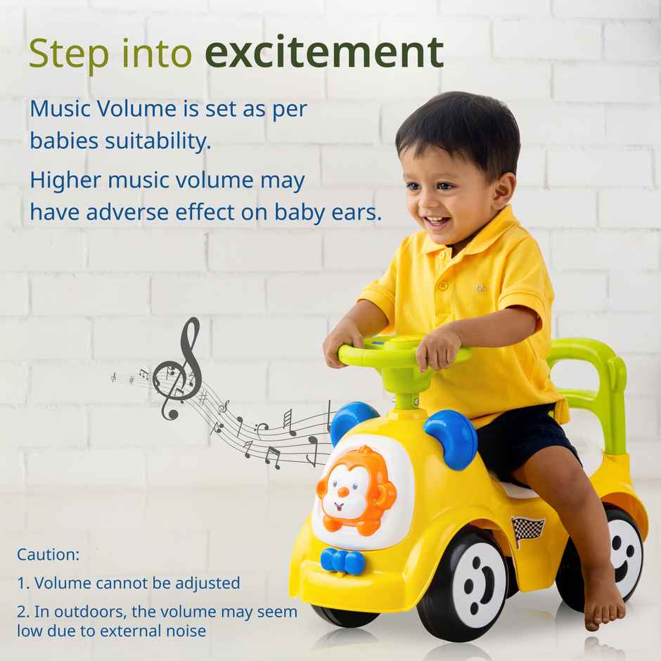 LuvLap Sunny Ride On Car with Music Horn Push Handle Backrest Guard Yellow for Kids 1-3 Years