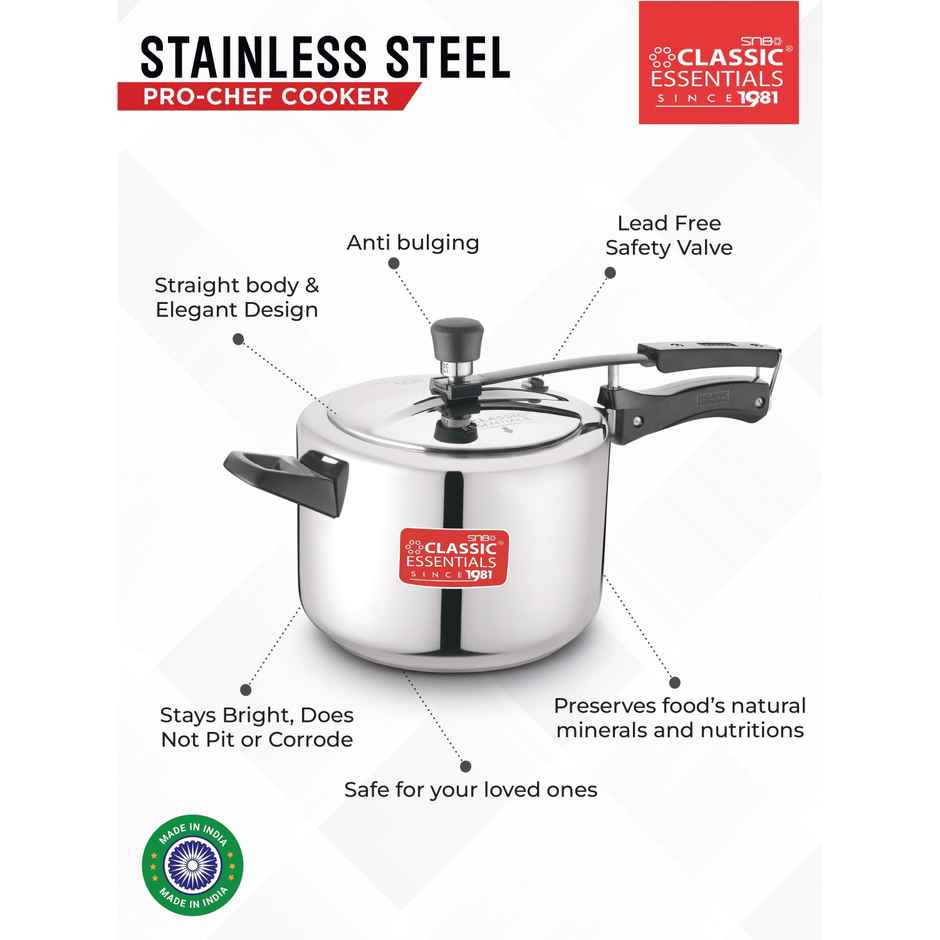 Classic Essentials Prochef Isi Certified 5l Inner Lid Induction Bottom Steel Pressure Cooker
