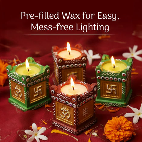 Tulsi Wax Diya | Decorative Diyas With Sticker Base | 8 x 8 cm | Multicolour | Cycle