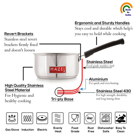 HAZEL Induction Bottom Sauce Pan - 1250 ml | Stainless Steel Saucepan with Handle