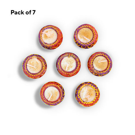 Wax Filled Deep Handi Clay Diyas | Assorted | Pack Of 7 | Designer Clay Diya | Pan Aromas