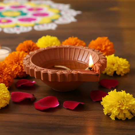 Big Clay Mitti Diya - 5 Inch | Terracotta Oil Lamp with Floral Design | Cycle