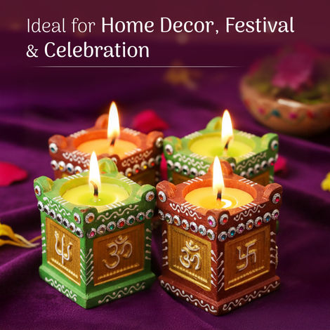 Tulsi Wax Diya | Decorative Diyas With Sticker Base | 8 x 8 cm | Multicolour | Cycle