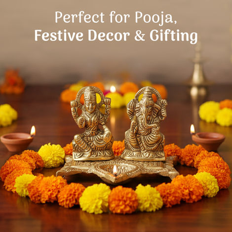 Pure Metal Lakshmi Ganesh Idol with Diya for Puja, Mandir & Diwali Decoration | Cycle