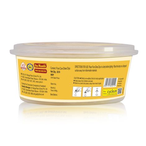 Om Shanthi Pure Cow Ghee Diya | Yellow | Traditional | Cotton | Pack of 30 | Diya-Pooja | Cycle