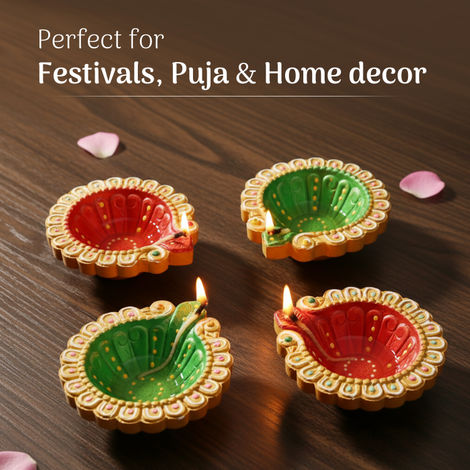 Decorative Clay Diya | Red & Green | Pack Of 4 | Cycle