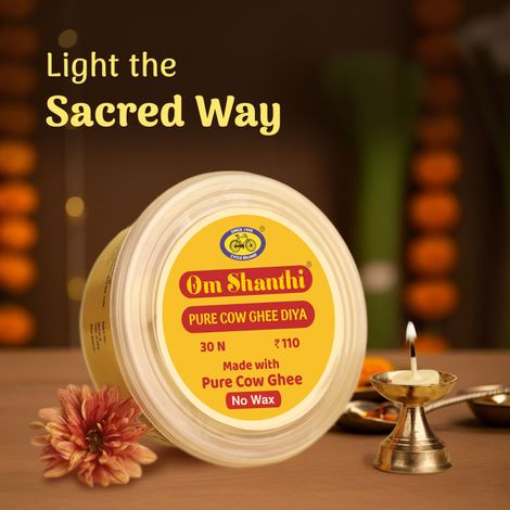 Om Shanthi Pure Cow Ghee Diya | Yellow | Traditional | Cotton | Pack of 30 | Diya-Pooja | Cycle