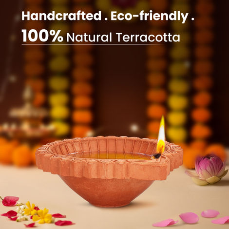 Big Clay Mitti Diya - 5 Inch | Terracotta Oil Lamp with Floral Design | Cycle