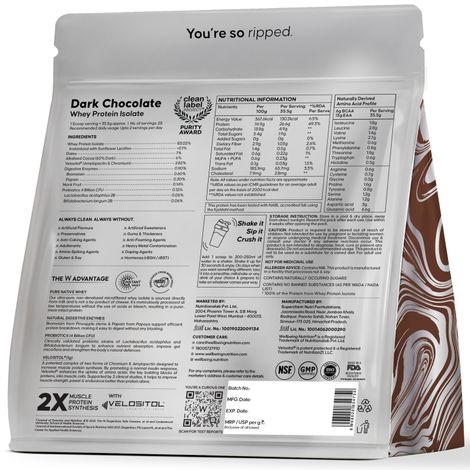 Wellbeing Nutrition 100% Whey Protein Isolate -Dark Chocolate | 26G Protein - 13G EAA