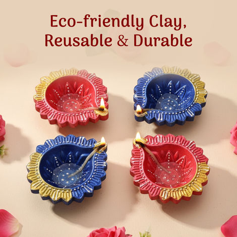 Decorative Clay Diya | Pink & Navy | Pack Of 4 | Cycle