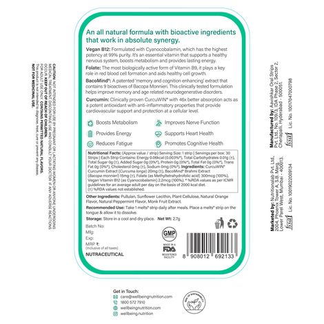 Wellbeing Nutrition Melts Vegan Vitamin B12 For Brain, Heart & Nervous System Support, 30 Strips