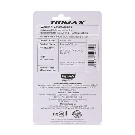 Reynolds Trimax Roller Ball Pen Set (5 Pens - 3 Blue Pens; 1 Black Pen; 1 Red Pen )