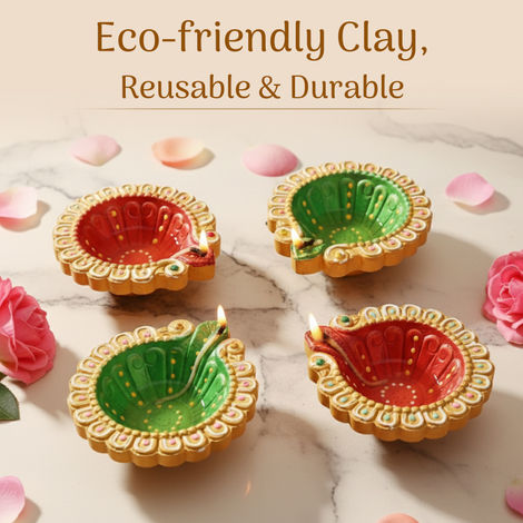 Decorative Clay Diya | Red & Green | Pack Of 4 | Cycle