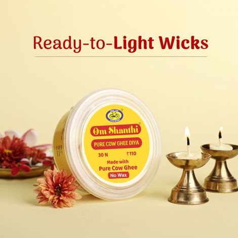 Om Shanthi Pure Cow Ghee Diya | Yellow | Traditional | Cotton | Pack of 30 | Diya-Pooja | Cycle
