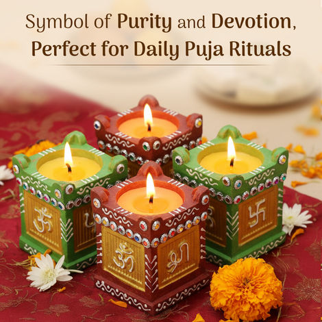 Tulsi Wax Diya | Decorative Diyas With Sticker Base | 8 x 8 cm | Multicolour | Cycle
