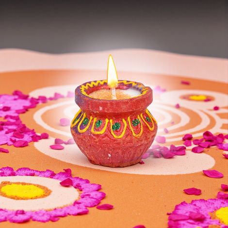 Wax Filled Deep Handi Clay Diyas | Assorted | Pack Of 7 | Designer Clay Diya | Pan Aromas