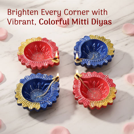 Decorative Clay Diya | Pink & Navy | Pack Of 4 | Cycle