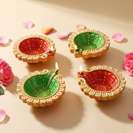 Decorative Clay Diya | Red & Green | Pack Of 4 | Cycle