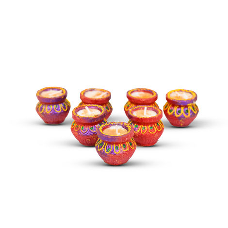 Wax Filled Deep Handi Clay Diyas | Assorted | Pack Of 7 | Designer Clay Diya | Pan Aromas