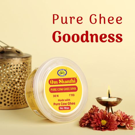 Om Shanthi Pure Cow Ghee Diya | Yellow | Traditional | Cotton | Pack of 30 | Diya-Pooja | Cycle