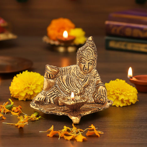 Pure Brass Kuber Idol with Diya for Mandir, Spiritual Worship & Festive Use | Cycle