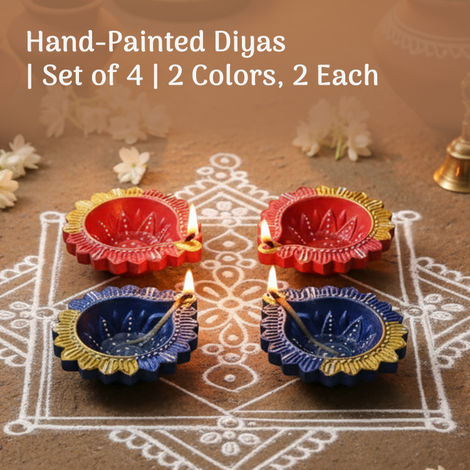 Decorative Clay Diya | Pink & Navy | Pack Of 4 | Cycle