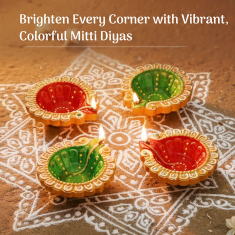 Decorative Clay Diya | Red & Green | Pack Of 4 | Cycle