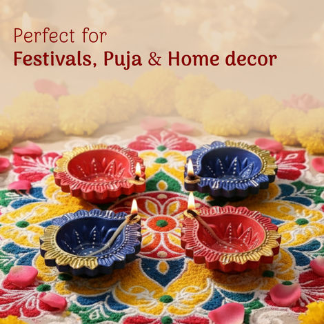 Decorative Clay Diya | Pink & Navy | Pack Of 4 | Cycle