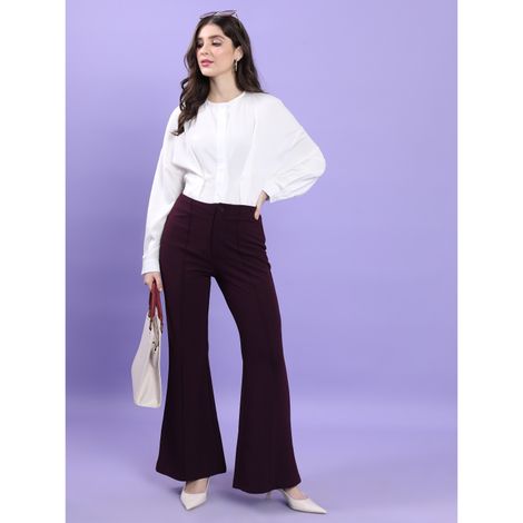 Tokyo Talkies Women's Flared High Rise Bootcut Trouser | Plum - 32