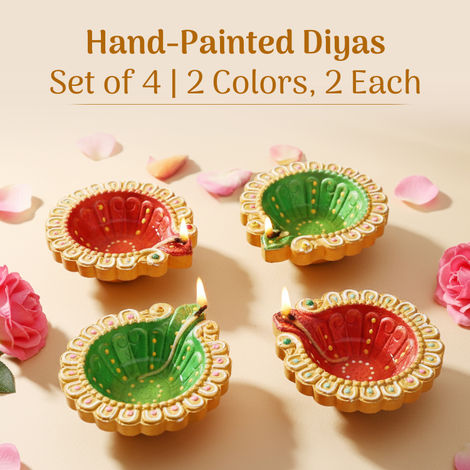 Decorative Clay Diya | Red & Green | Pack Of 4 | Cycle