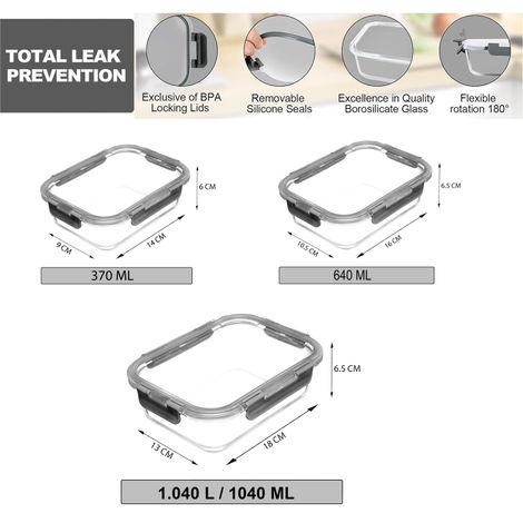 Cutting EDGE Borosilicate Glass Lunch Box|370,640&1040ml|Set of3|Detachable Lock|Microwave Safe|Grey