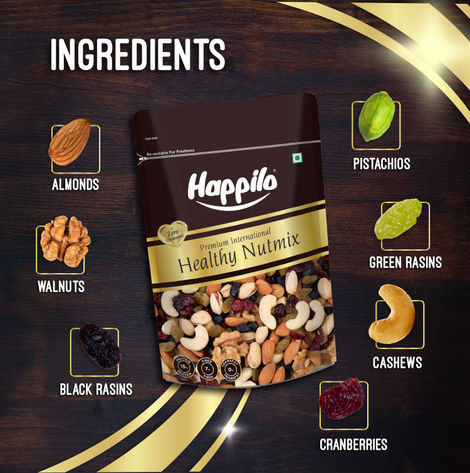 Happilo Premium Healthy Nutmix|Almonds, Cashews, Black Raisins, Pistachios, Raisins|Fasting Special