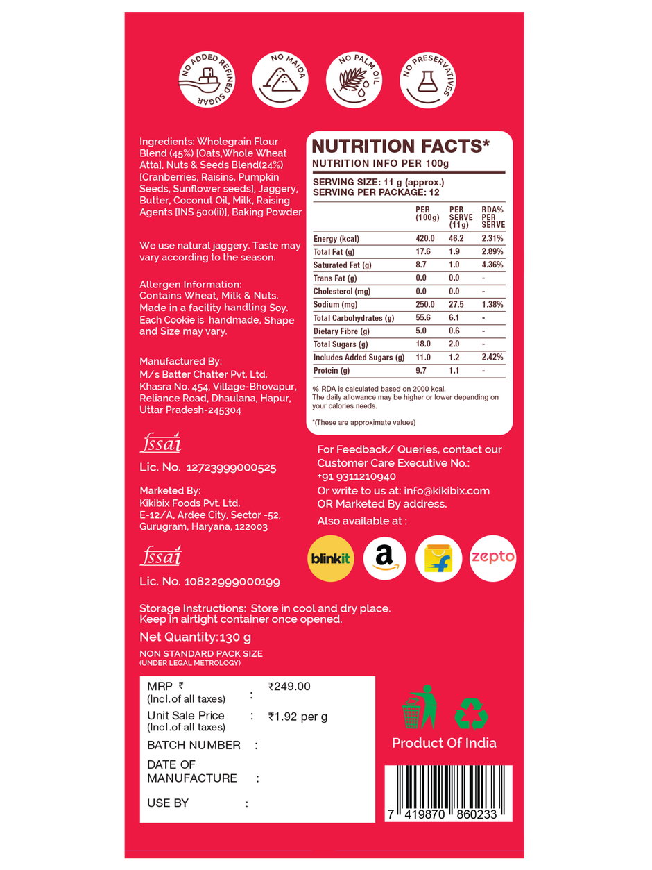 Kikibix Cranberry Oats Healthy Cookies, Jaggery Oats Biscuits, Digestive, 36% Oats, 25% dry fruits