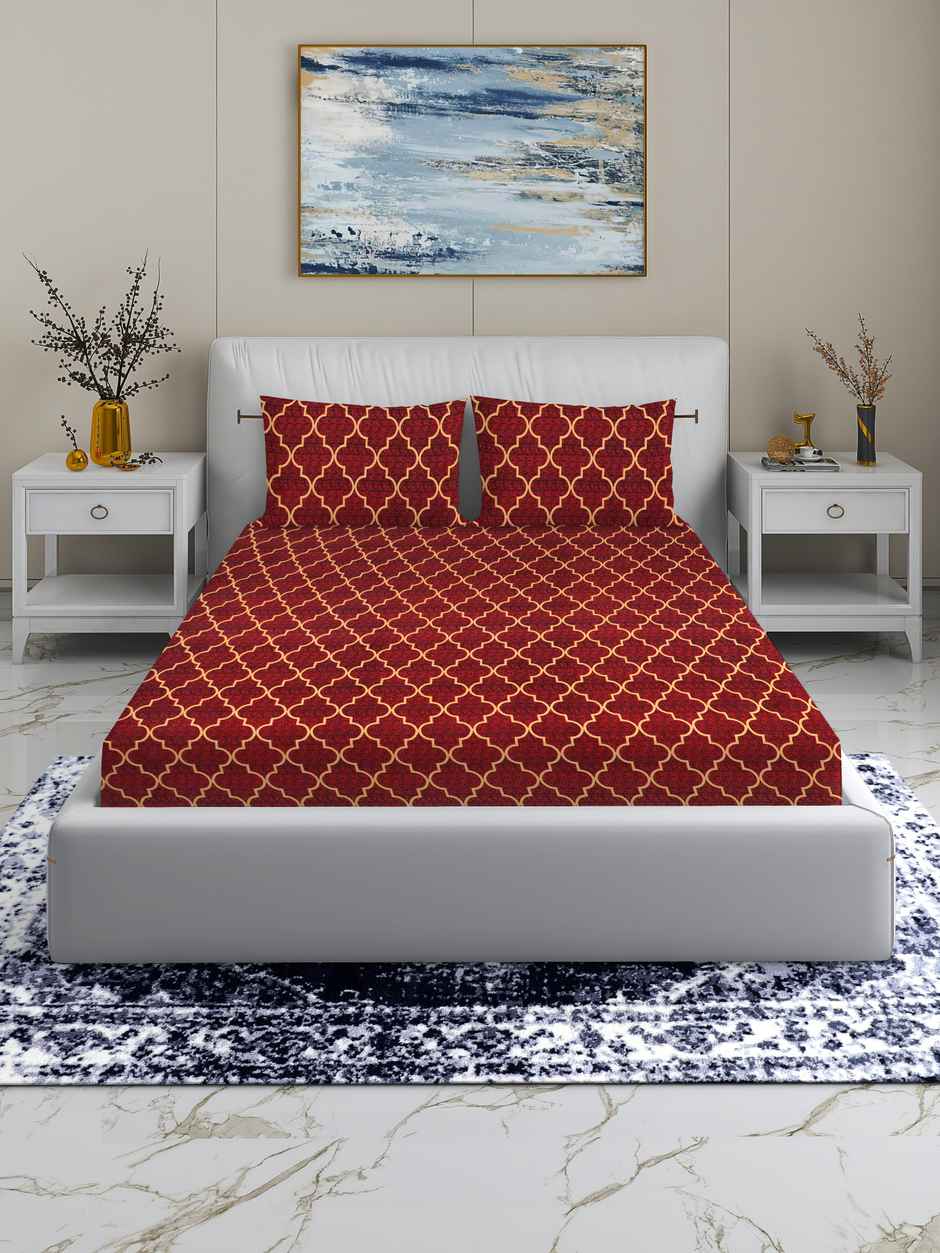 Homeharmony Double Ethnic Bedsheet with 2 Pillow Covers | Red & Yellow Pattern | 87 x 98 in
