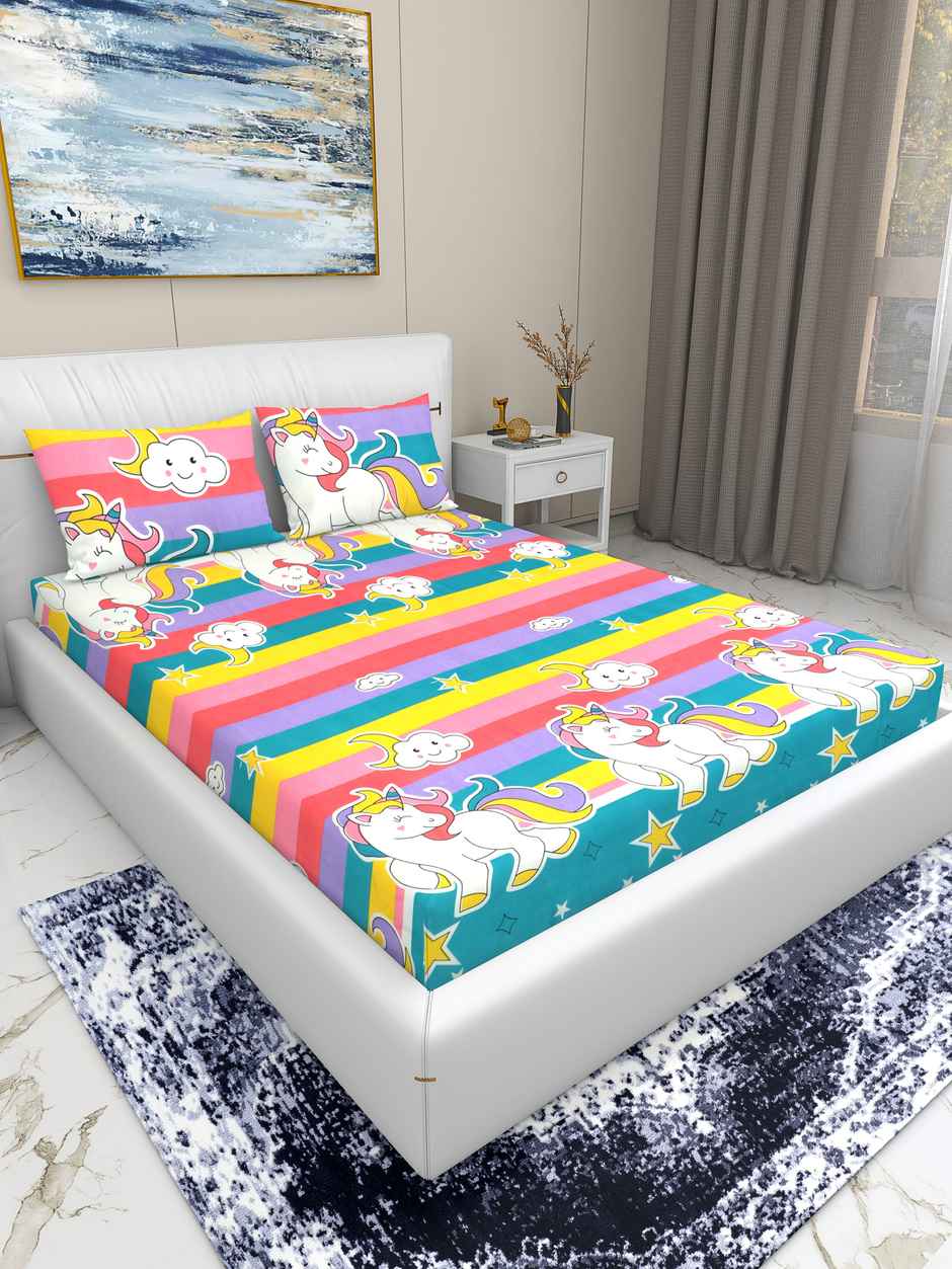 Homeharmony Unicorn Multi Color Designer Double Bed Bedsheet with 2 Pillow Covers (220x250 cm)