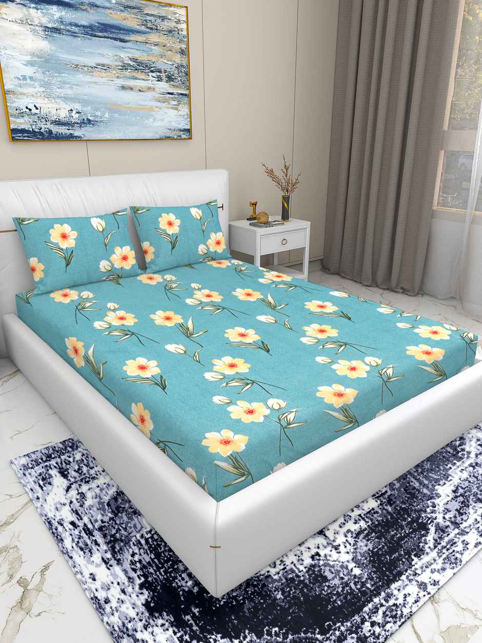Homeharmony Sky Blue Flower Designer Double Bed Bedsheet with 2 Pillow Covers (220x250 cm)