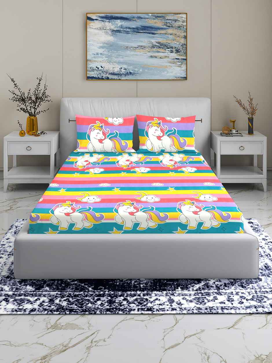Homeharmony Unicorn Multi Color Designer Double Bed Bedsheet with 2 Pillow Covers (220x250 cm)