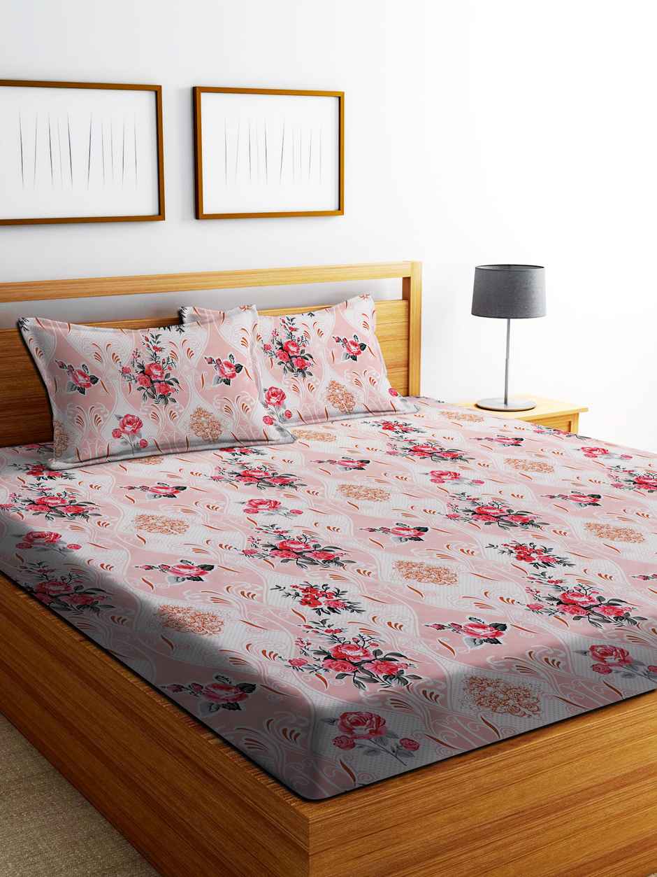 Dream Living Microspread Floral Print | 135 Gsm Double Bedsheet With 2 Pillow Covers | Beige&White