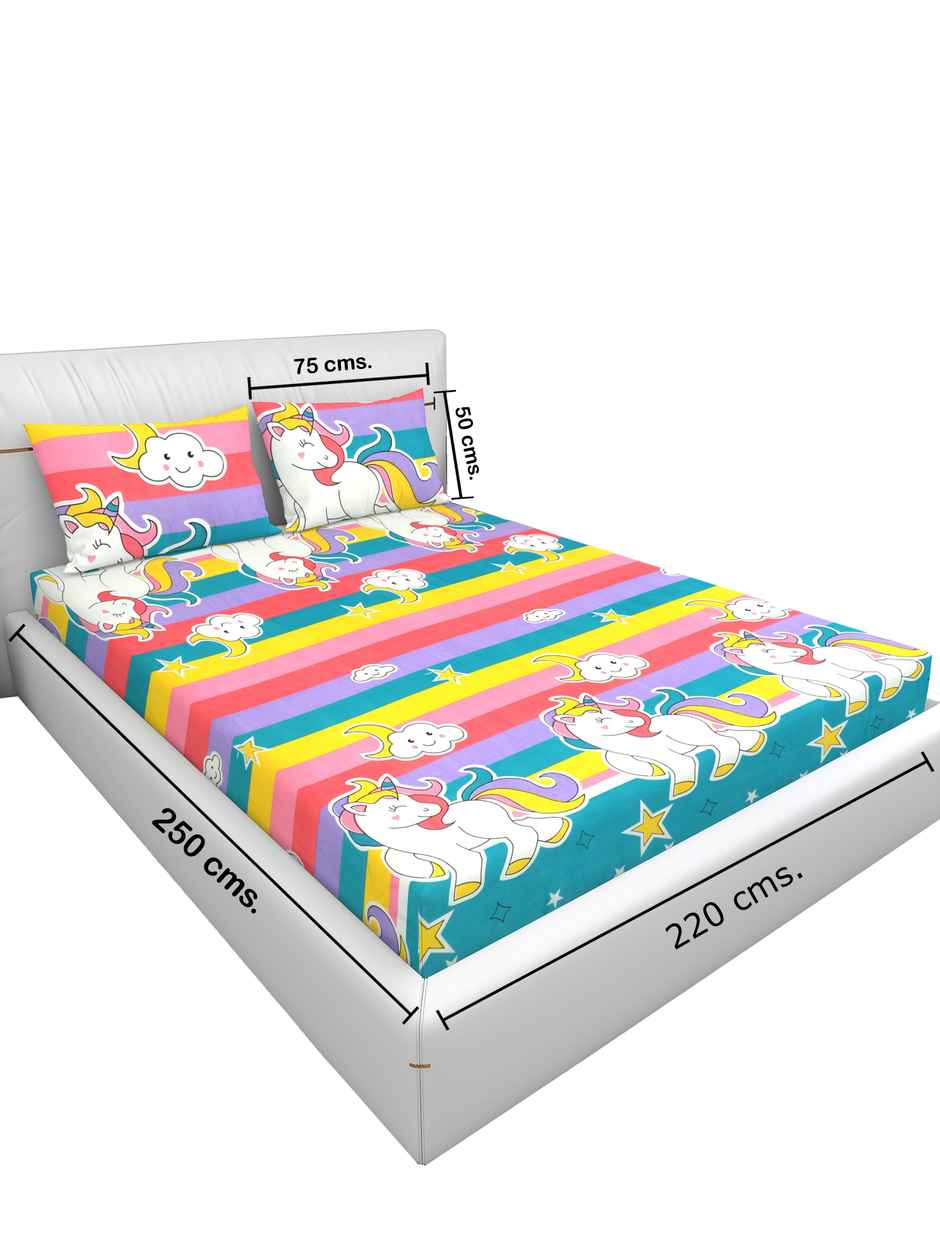 Homeharmony Unicorn Multi Color Designer Double Bed Bedsheet with 2 Pillow Covers (220x250 cm)