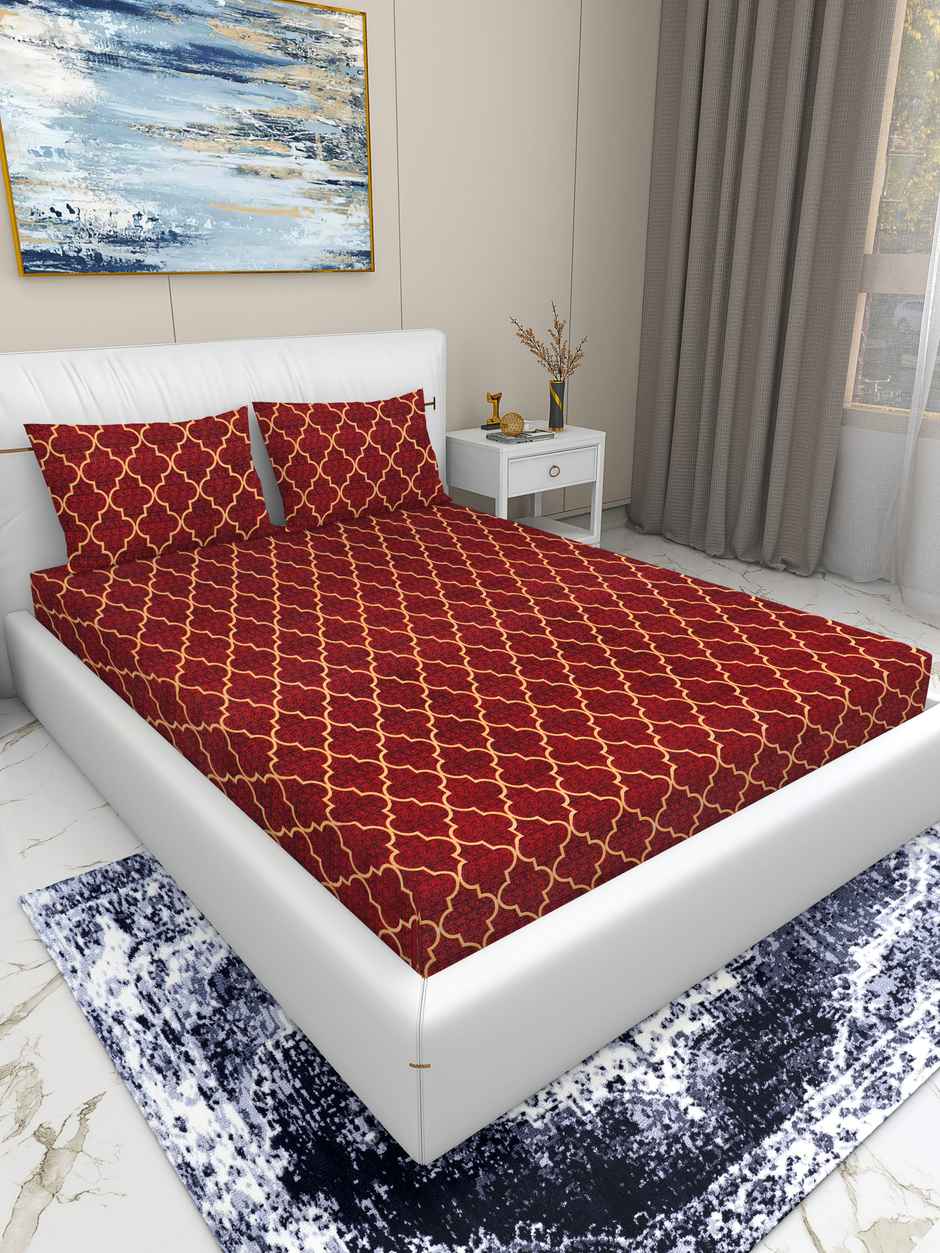 Homeharmony Double Ethnic Bedsheet with 2 Pillow Covers | Red & Yellow Pattern | 87 x 98 in