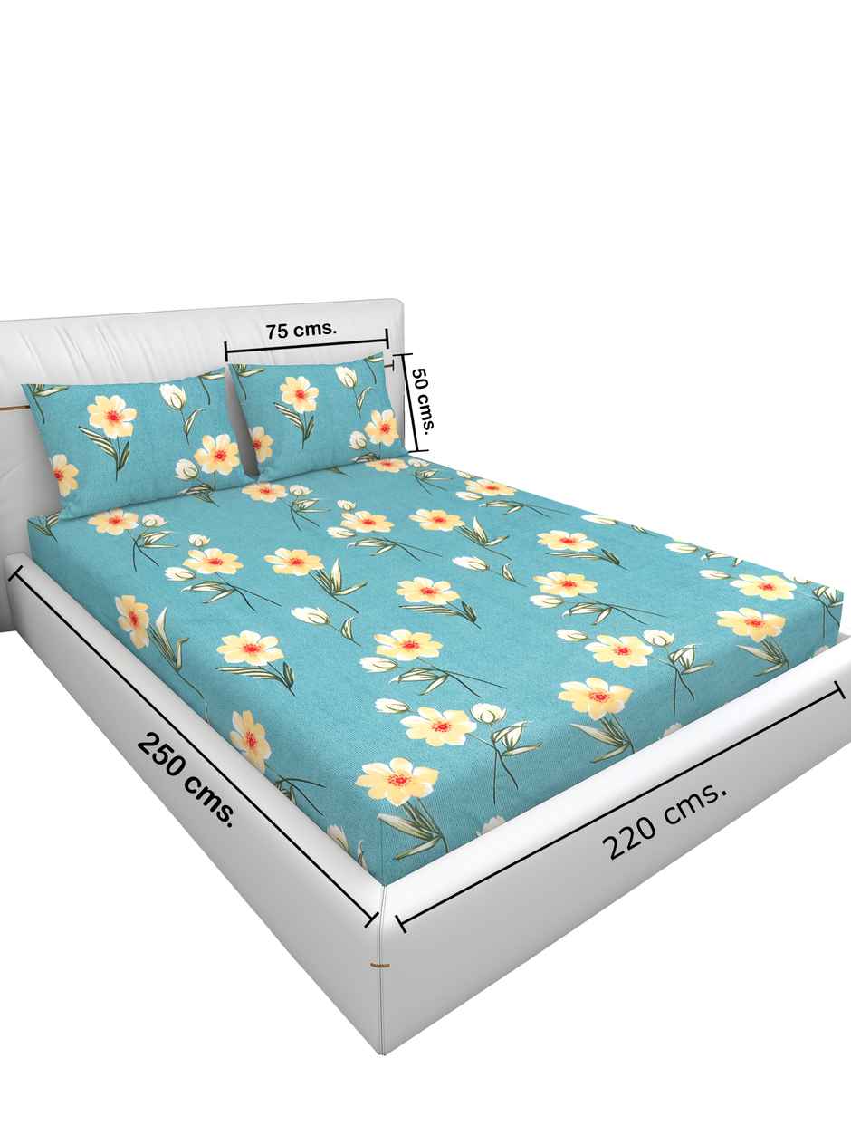 Homeharmony Sky Blue Flower Designer Double Bed Bedsheet with 2 Pillow Covers (220x250 cm)