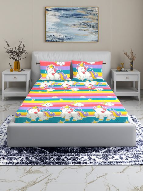 Homeharmony Unicorn Multi Color Designer Double Bed Bedsheet with 2 Pillow Covers (220x250 cm)